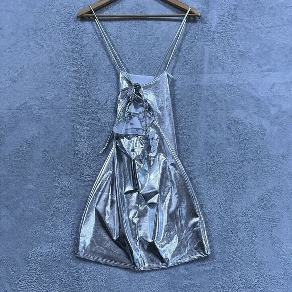 NWT Windsor Mini Dress Metallic Cross Back‎ M Silver Sleeveless Cosmos - Picture 2 of 7